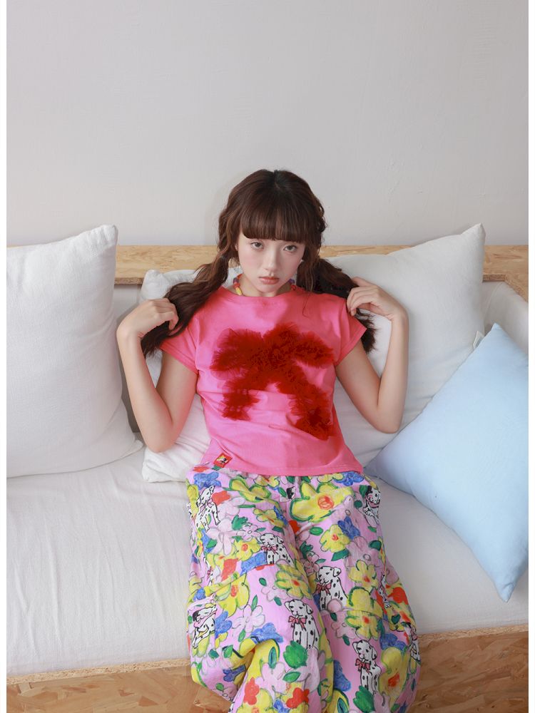 Two-tone mesh bow T-shirt【s0000012828】