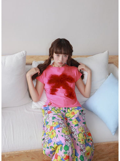 Two-tone mesh bow T-shirt【s0000012828】