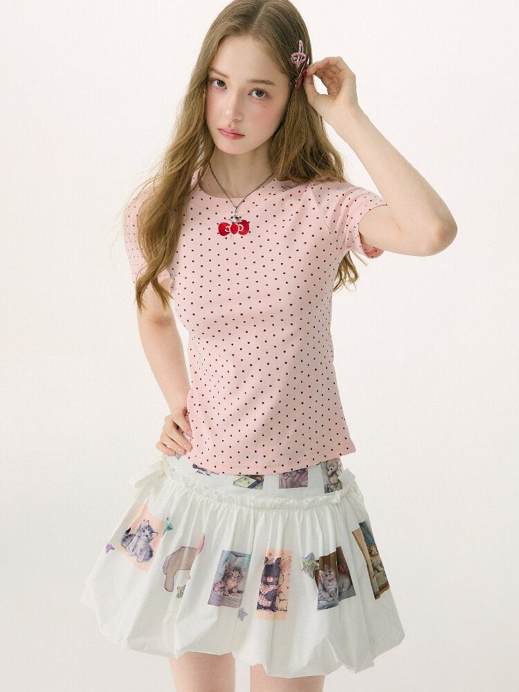 Polka Dot Bow Slim Short Sleeve T-Shirt【s0000016854】
