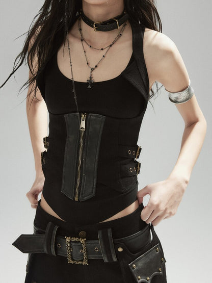 Black Deconstructed Leather Vest【s0000015603】