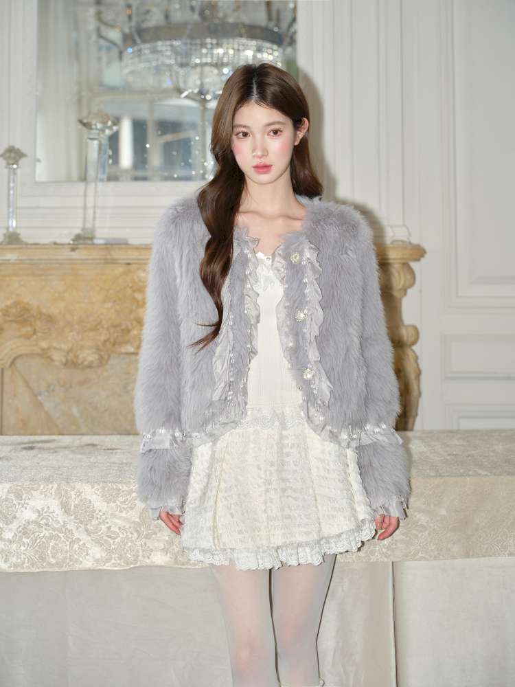 Gray Lotus Lace Bead Fur Jacket【s0000015049】