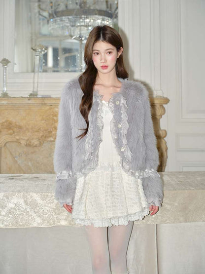 Gray Lotus Lace Bead Fur Jacket【s0000015049】