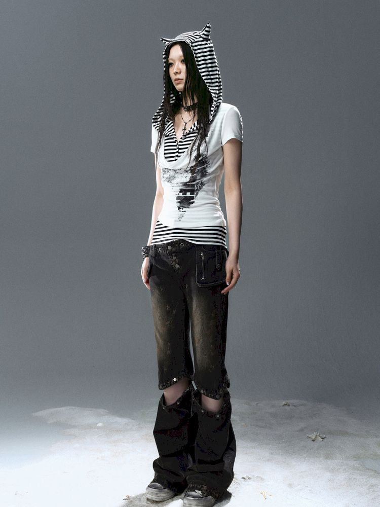 Swing Neck Striped Short Sleeve T-Shirt【s0000012807】