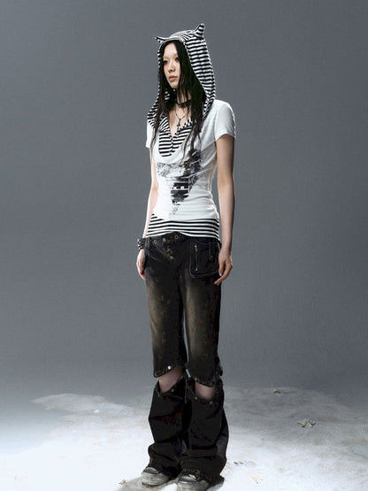 Swing Neck Striped Short Sleeve T-Shirt【s0000012807】