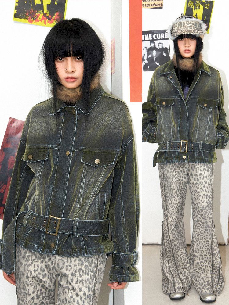 Loose Green Flocked Denim Jacket【s0000011638】