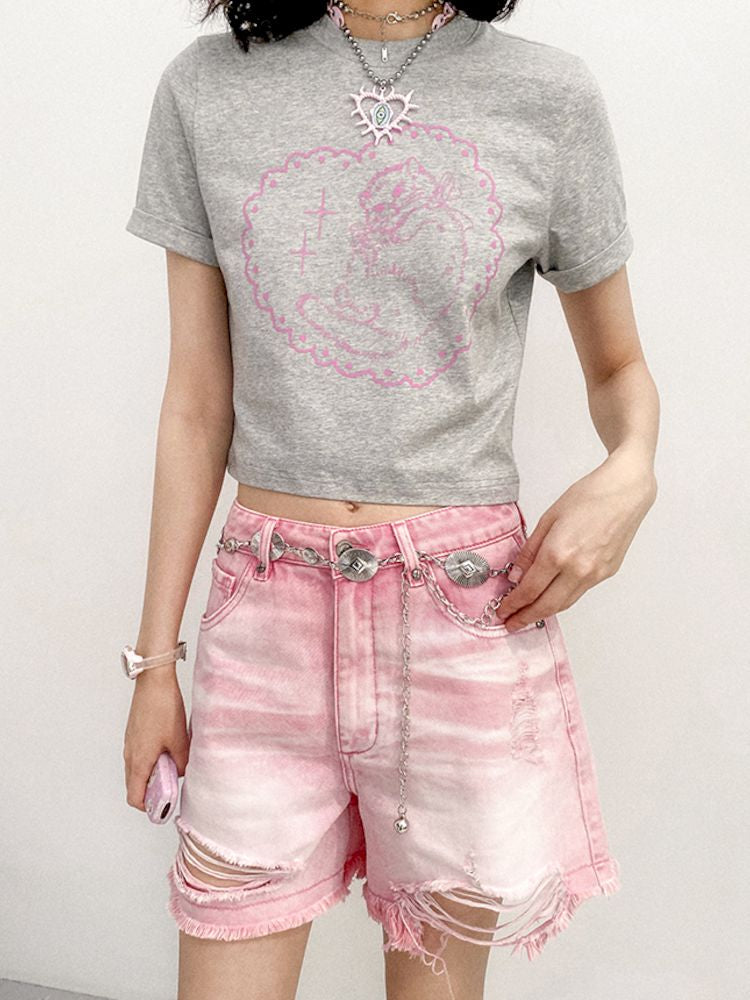 Pink Love Cat Pattern Printed Short Sleeve T-Shirt [S0000008855]
