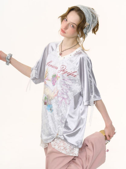 Lace Bow Gray Short Sleeve T-Shirt【s0000012245】