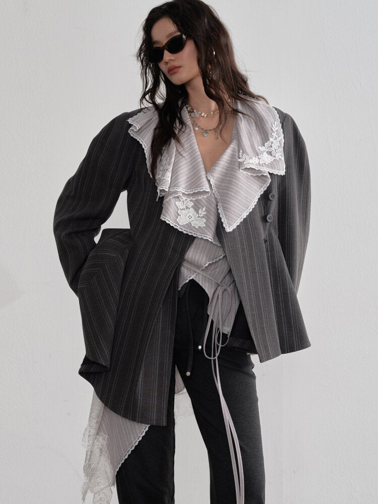 Lace Applique Ruffled Striped Shirt【s0000015700】