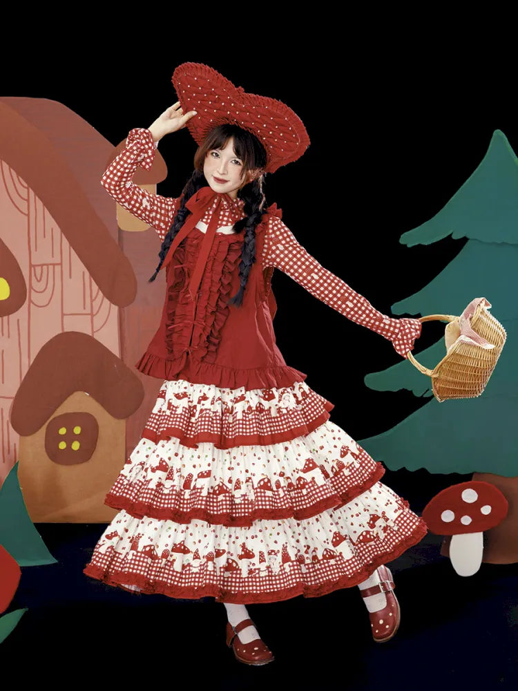 Multi-Layer Printed Red Checkered Cake Skirt【s0000013937】