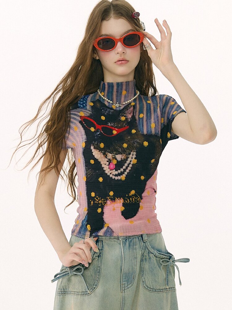 Polka Dot Cat Pleated T-Shirt【s0000016853】