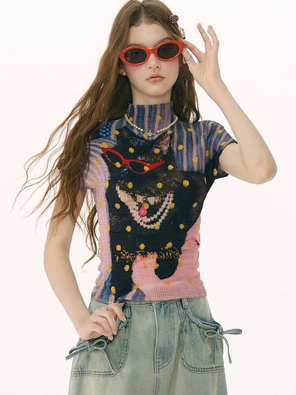 Polka Dot Cat Pleated T-Shirt【s0000016853】