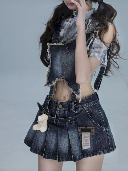 Washable gal niche denim bib culottes【s0000013490】