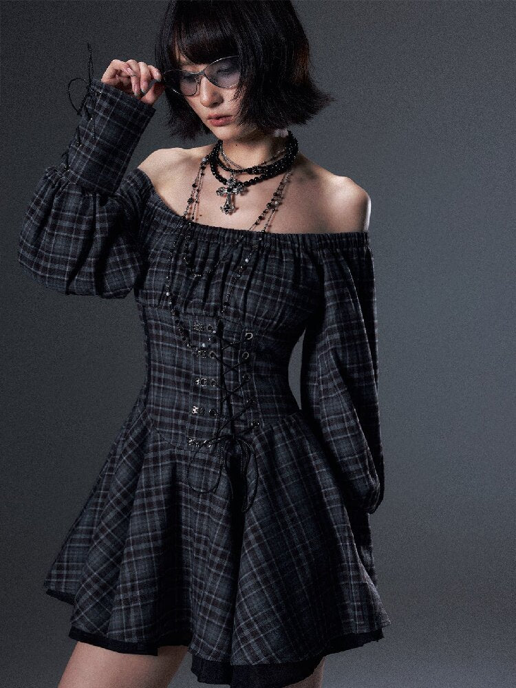 Vintage Plaid Off-Shoulder Dress【s0000018002】