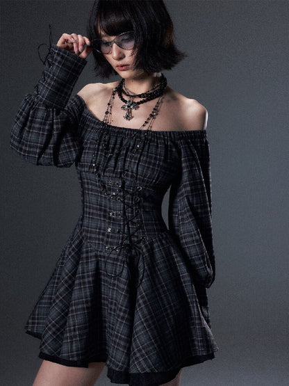 Vintage Plaid Off-Shoulder Dress【s0000018002】