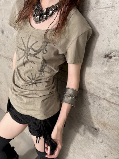 Basic Style Western Print Rhinestone T-Shirt【s0000012833】