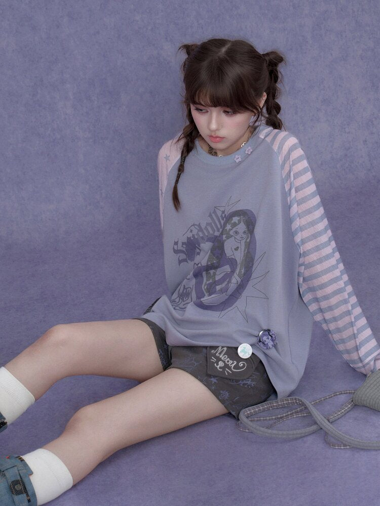 Doodle Print Raglan Sleeve T-Shirt【s0000017867】