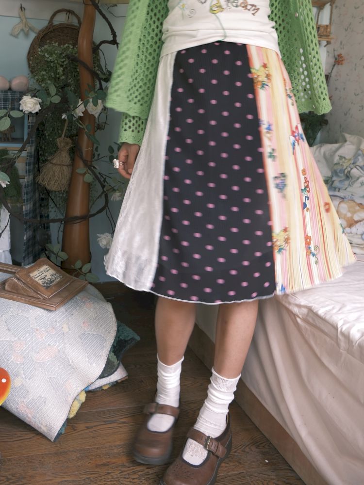 Patchwork lace print polka dot pleated skirt【s0000012769】
