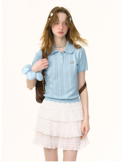 Doll Neck Knit Short Sleeve T-shirt【s0000012235】