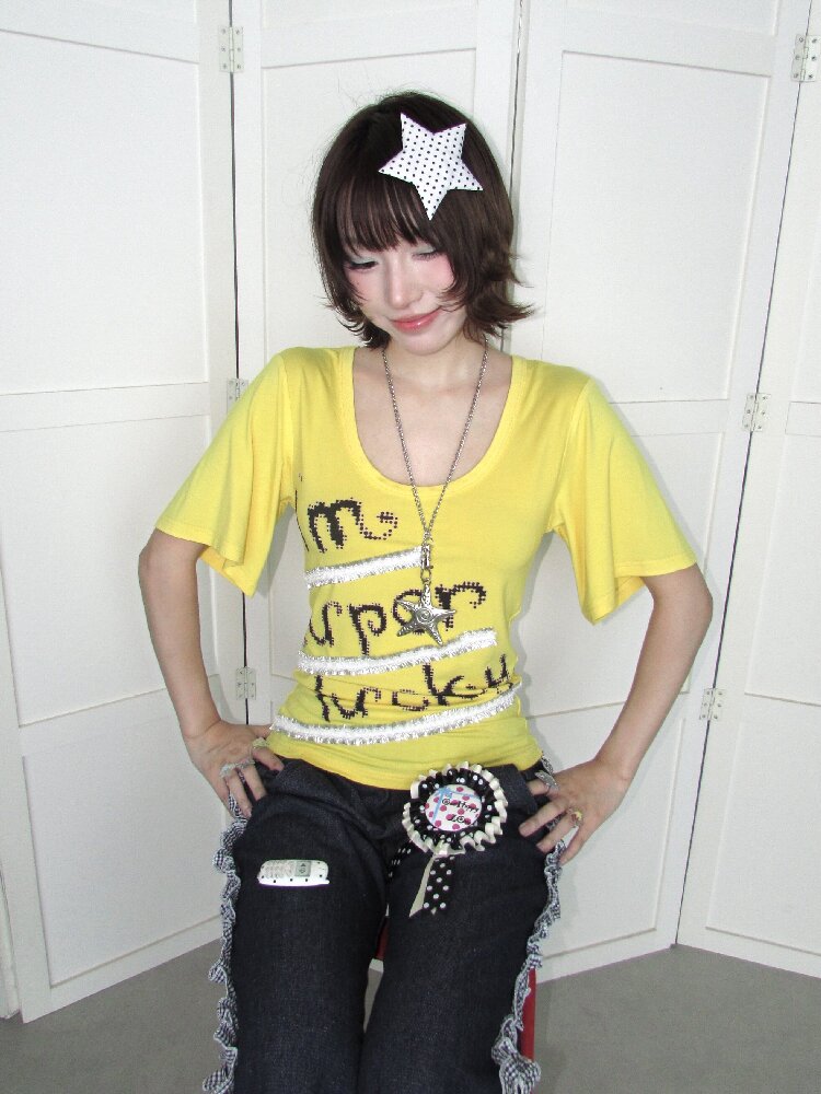 Lucky Slogan Lace Print U-Neck Top【s0000018686】
