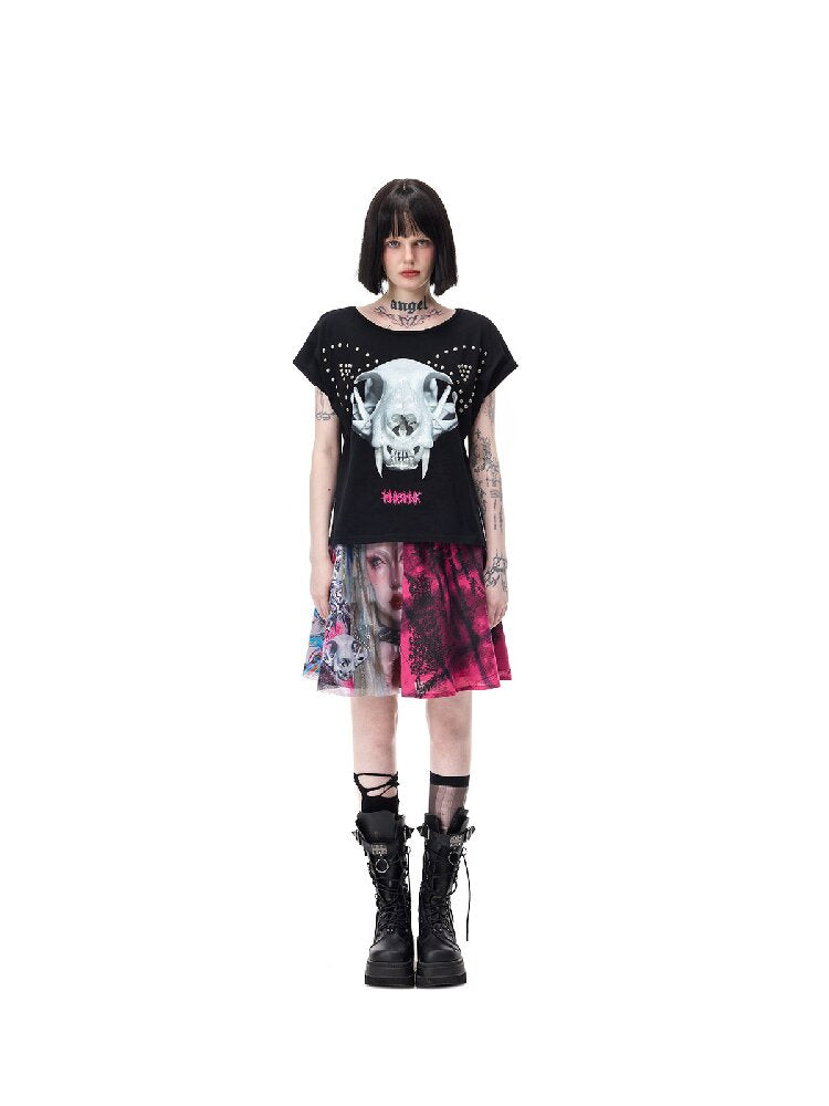 Cat Bone Print Riveted T-Shirt【s0000017714】