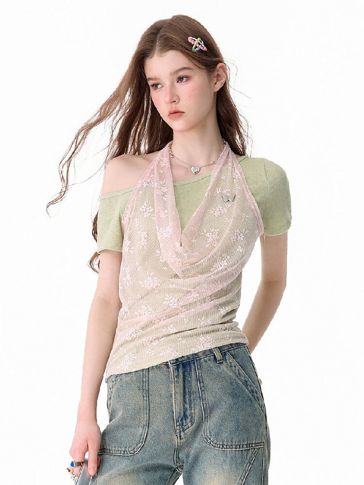 Fake Two-Piece Patchwork Lace Short T【s0000017682】