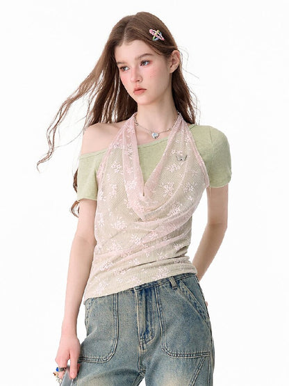 Fake Two-Piece Patchwork Lace Short T【s0000017682】