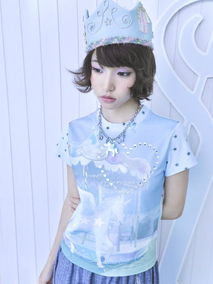 Rhinestone Unicorn Stitching Tee【s0000017132】