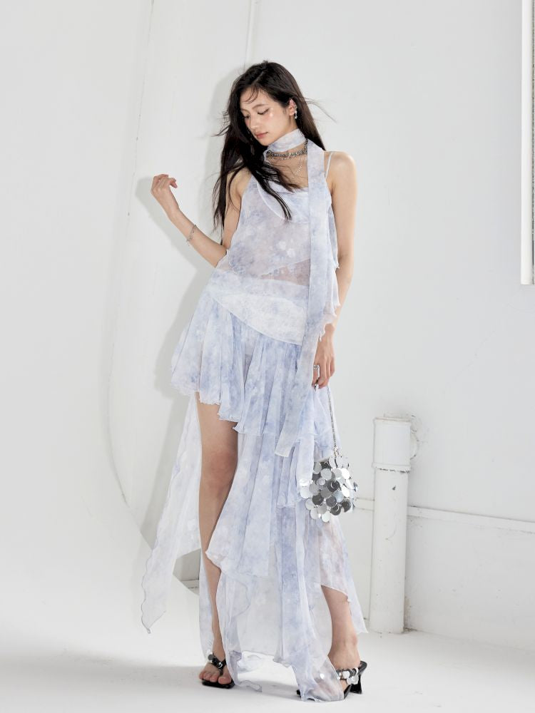 Aqua Blue Irregular Halter Dress【s0000013211】