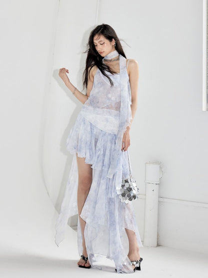 Aqua Blue Irregular Halter Dress【s0000013211】