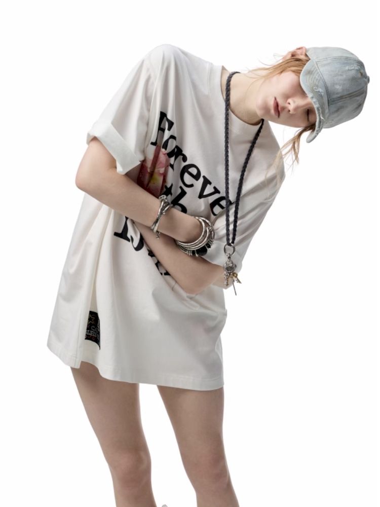 Floral letter print oversize big t-shirt【s0000012400】