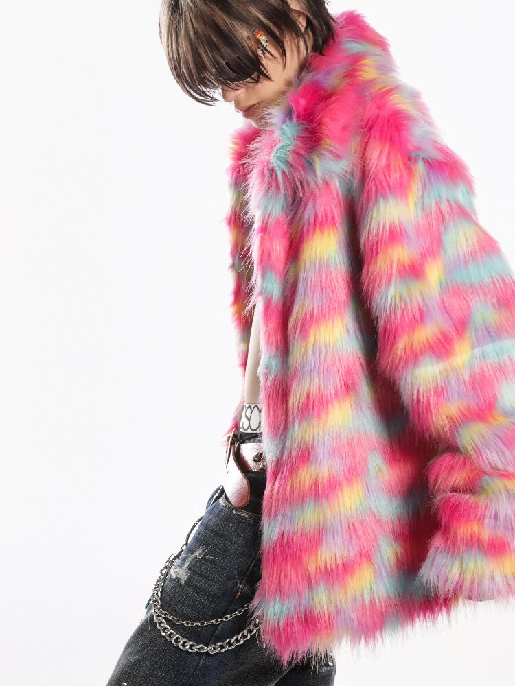 Rainbow Colorful Faux Fur Coat【s0000019281】