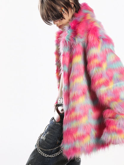 Rainbow Colorful Faux Fur Coat【s0000019281】