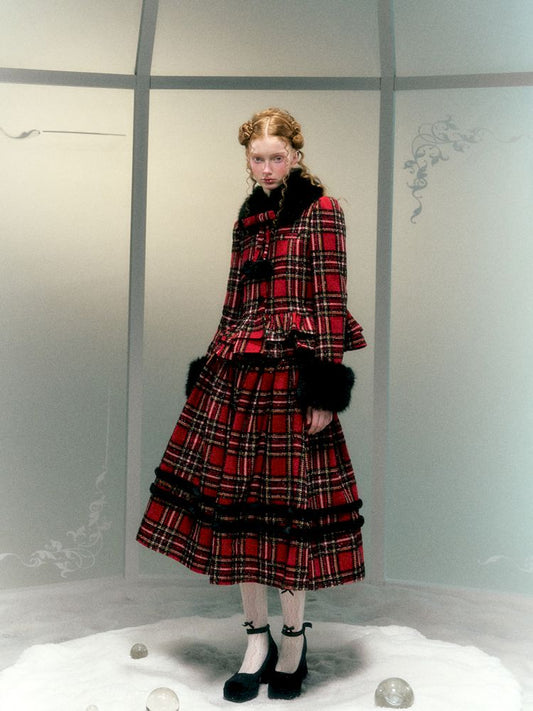 Checkered Removable Hair Collar Tweed Jacket Halter Set【s0000006045】