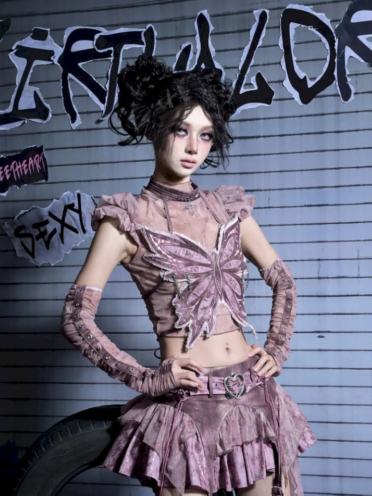 Sequined Denim A-Line Lace-Up Low-Waist Mini Skirt【s0000014026】