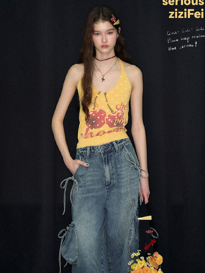 Wave Cherry Print Cropped Top Tank【s0000017304】