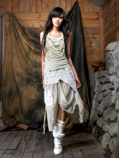 Patchwork Versatile Mesh Asymmetric Skirt【s0000013898】