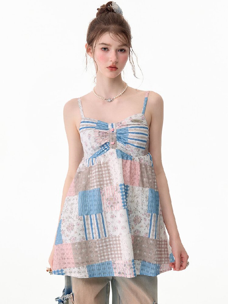 Color-Blocked Floral Plaid Tank Top【s0000017674】