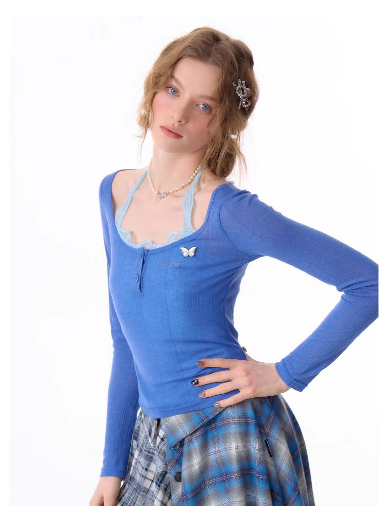 Trim jersey semi-sheer long-sleeved T-shirt 【s0000011676】