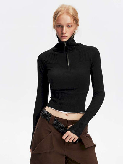 Half-Turtleneck Zip Knit Long-Sleeve T-Shirt【s0000014876】
