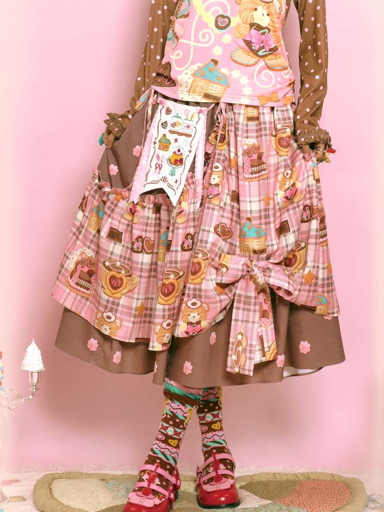 Embroidered Patch Design Bow Elastic Waist Skirt【s0000014515】