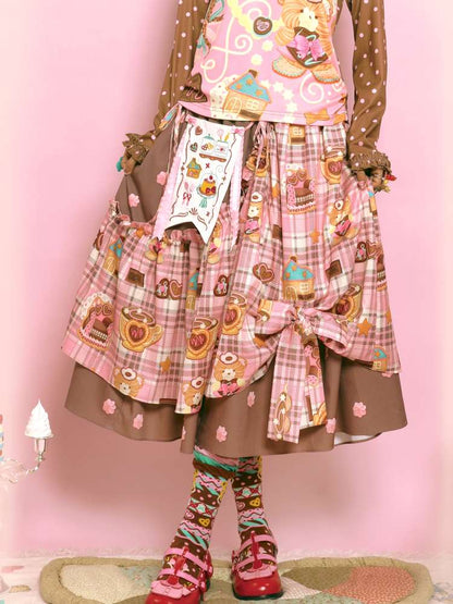 Embroidered Patch Design Bow Elastic Waist Skirt【s0000014515】