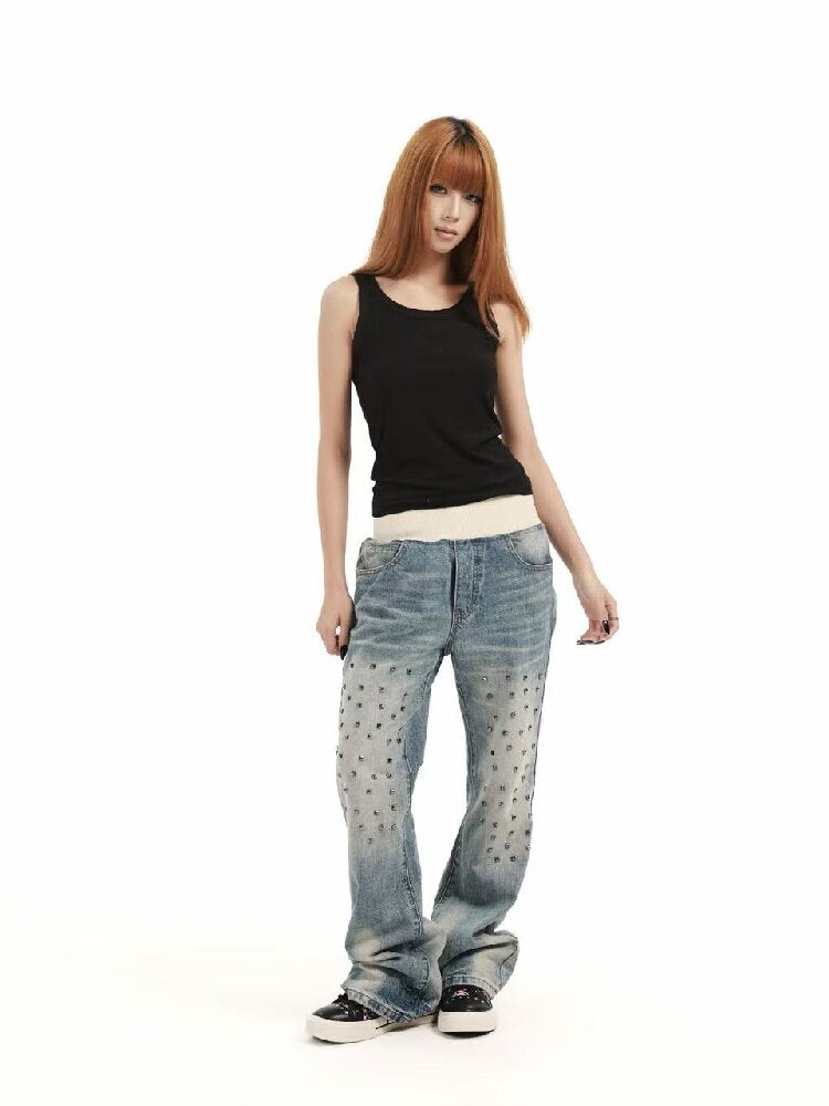 Patchwork Studded Straight Jeans【s0000018362】