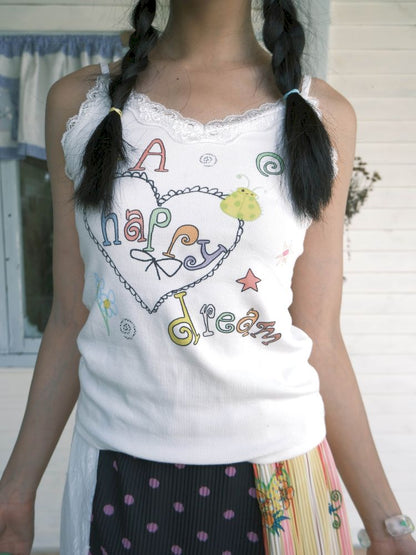 Colorful printed lace trim tank top【s0000012772】