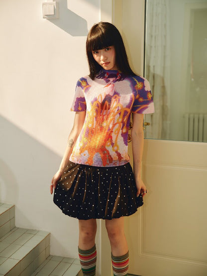 Star Volcano Pleated Stretch Top T-Shirt【s0000018696】