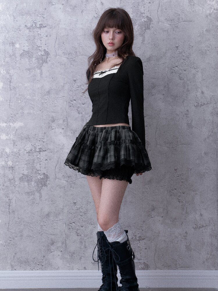 Gray-Black Plaid Puff Mini Skirt【s0000017865】