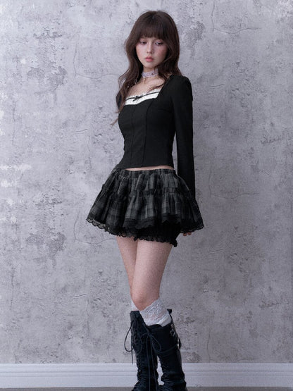 Gray-Black Plaid Puff Mini Skirt【s0000017865】