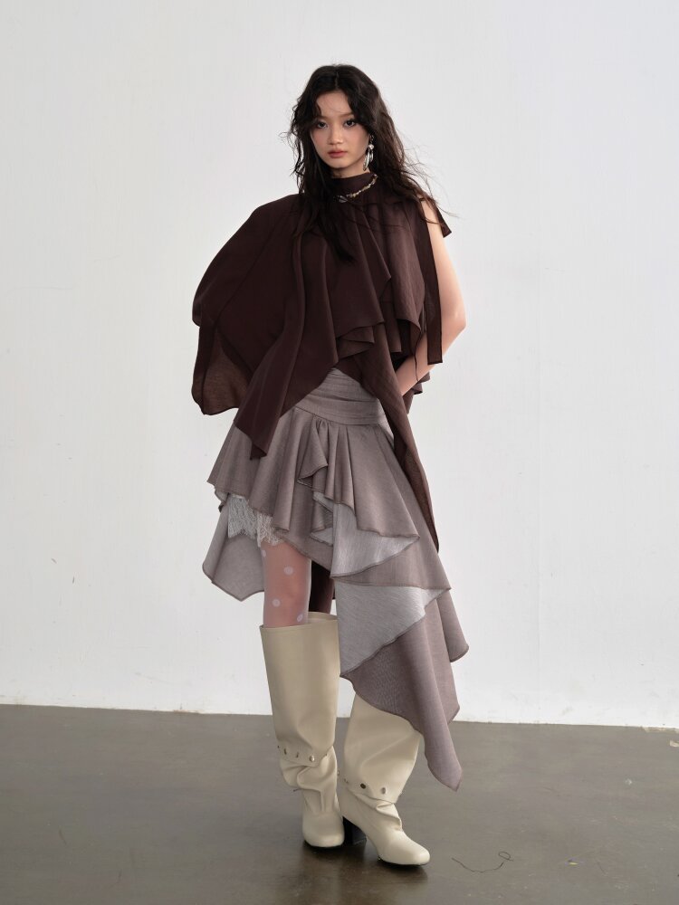 Pleated Linen Lace Asymmetrical Skirt【s0000015691】