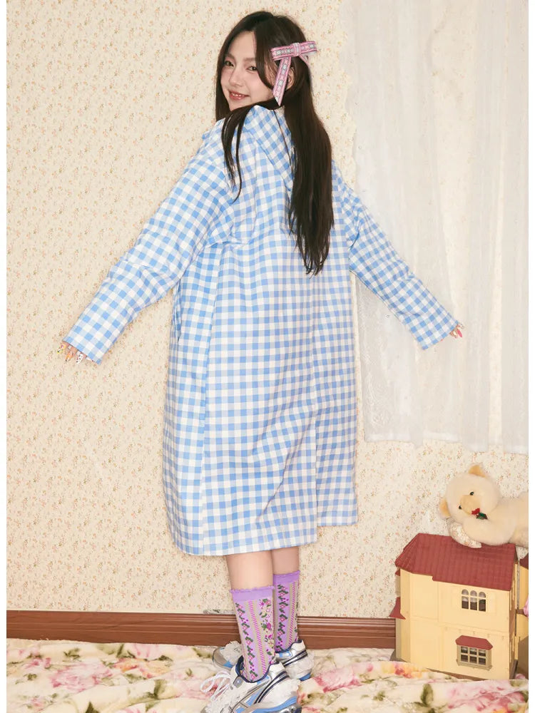 Blue plaid detachable-hood trench coat【s0000014149】
