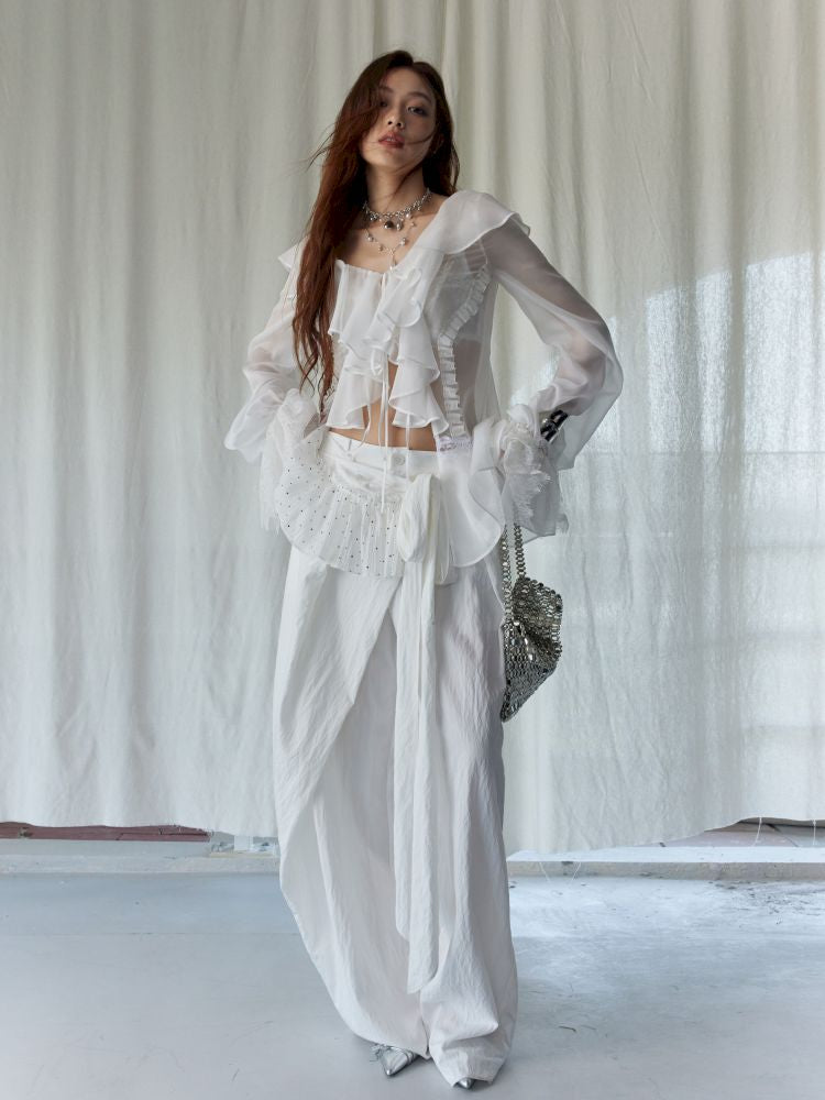 Ruffled airy skin sheer white shirt【s0000013225】