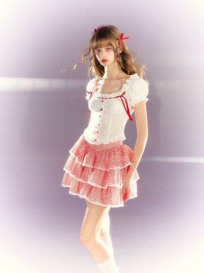 Red and white checkered bow lace set【s0000009315】